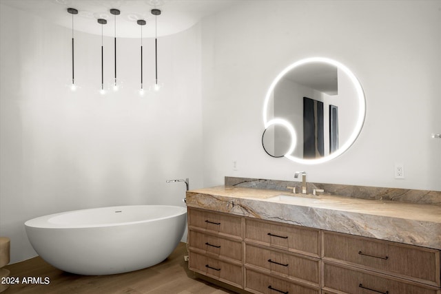 bathroom featuring oversized vanity and hardwood / wood-style flooring