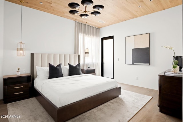 bedroom featuring light hardwood / wood-style flooring and wood ceiling