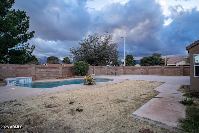 view of pool with a fenced in pool, a fenced backyard, and a patio area