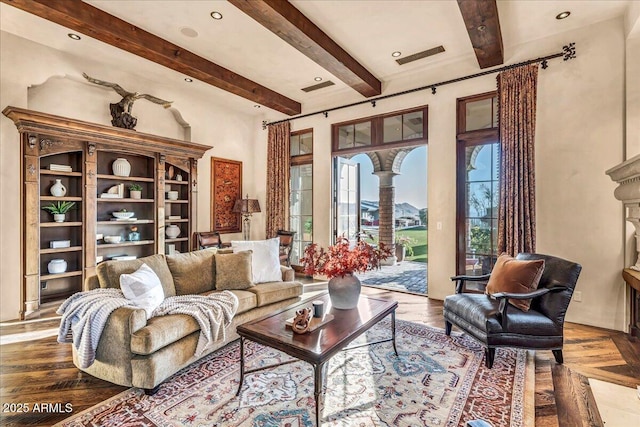 10935 E Grandview Way, Scottsdale, AZ 85255 - living room featuring parquet flooring, beam ceiling, and recessed lighting