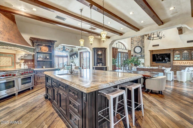 10935 E Grandview Way, Scottsdale, AZ 85255 - kitchen featuring premium range hood, plenty of natural light, a sink, and double oven range