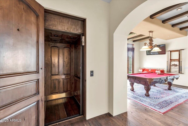 10935 E Grandview Way, Scottsdale, AZ 85255 - recreation room with dark wood-type flooring, arched walkways, beam ceiling, and billiards