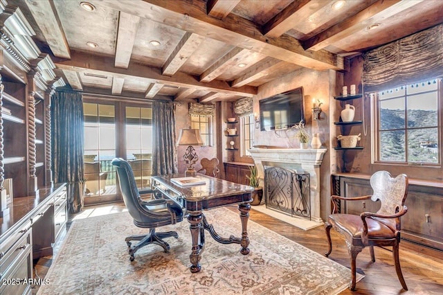 10935 E Grandview Way, Scottsdale, AZ 85255 - office space featuring coffered ceiling, beam ceiling, a fireplace with raised hearth, and wood finished floors