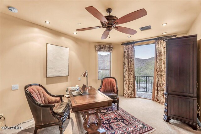 10935 E Grandview Way, Scottsdale, AZ 85255 - home office featuring ceiling fan, visible vents, carpet flooring, and recessed lighting
