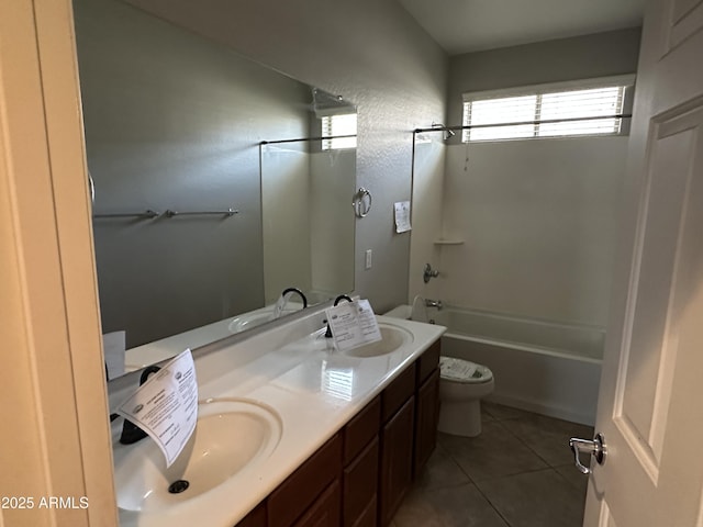 full bathroom featuring toilet, vanity, bathtub / shower combination, and tile patterned flooring