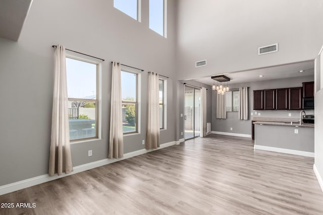 unfurnished living room featuring an inviting chandelier, sink, and light hardwood / wood-style floors