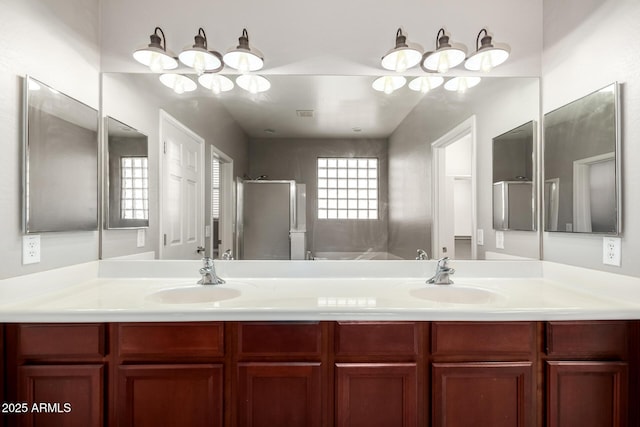 bathroom featuring vanity and plus walk in shower