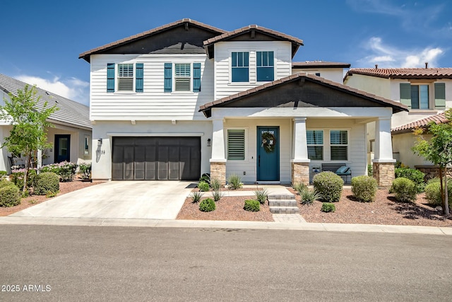 19736 W Turney Ave, Litchfield Park, AZ 85340 - craftsman inspired home featuring a tile roof, a porch, a garage, and concrete driveway