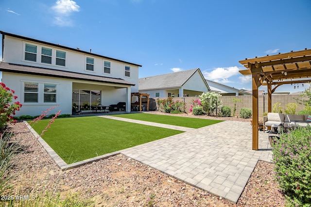 19736 W Turney Ave, Litchfield Park, AZ 85340 - rear view of house with stucco siding, a pergola, a patio, and an outdoor living space