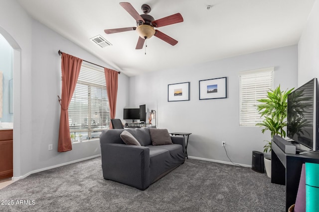 1350 S Greenfield Rd Unit 1005, Mesa, AZ 85206 - living area featuring ceiling fan, carpet flooring, arched walkways, lofted ceiling, and an office area