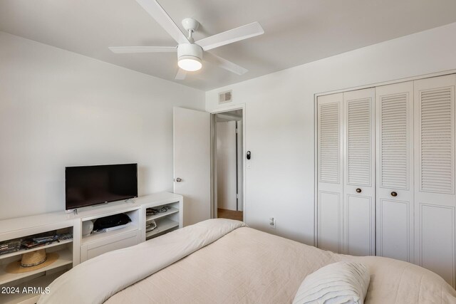 bedroom featuring ceiling fan and a closet