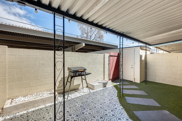 view of yard with a shed and a patio area