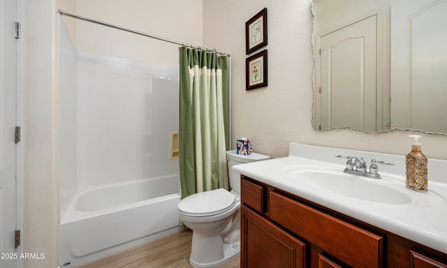 full bathroom with vanity, shower / bathtub combination with curtain, wood-type flooring, and toilet