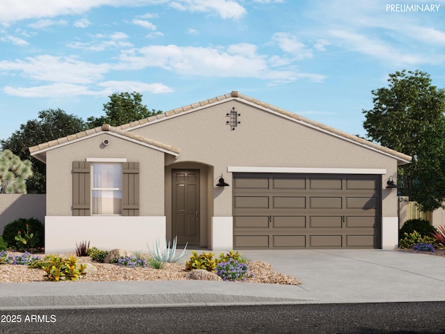 view of front of house featuring a tiled roof, a garage, driveway, and stucco siding