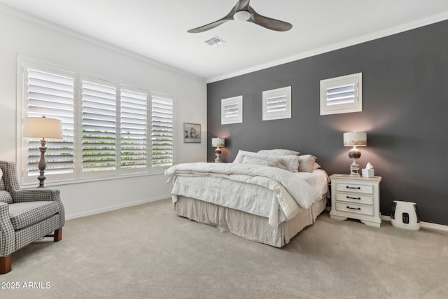 14204 S 179th Ln, Goodyear, AZ 85338 - bedroom with baseboards, crown molding, carpet floors, visible vents, and ceiling fan