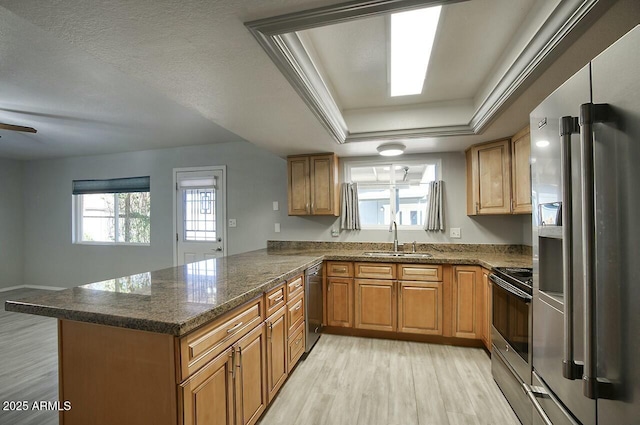 kitchen with appliances with stainless steel finishes, kitchen peninsula, sink, a tray ceiling, and light hardwood / wood-style flooring