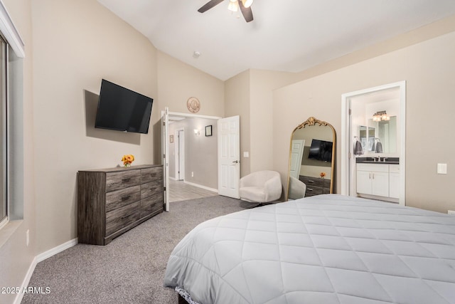 1583 N Constellation Ct, Gilbert, AZ 85234 - carpeted bedroom featuring lofted ceiling, connected bathroom, and a ceiling fan