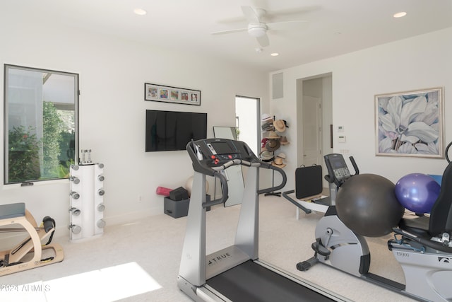 exercise room with ceiling fan and carpet flooring