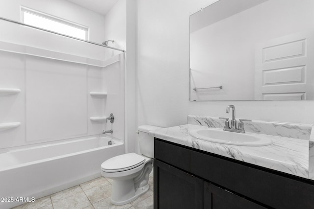 full bathroom with shower / bathtub combination, tile patterned floors, toilet, and vanity