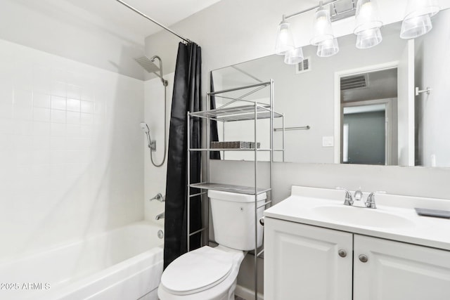 full bathroom with shower / bathtub combination with curtain, vanity, and toilet