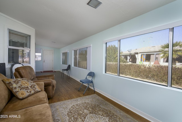 living room with hardwood / wood-style flooring and lofted ceiling