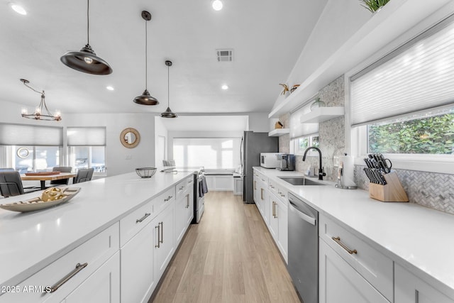 kitchen with appliances with stainless steel finishes, tasteful backsplash, sink, white cabinets, and hanging light fixtures