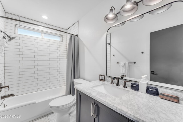 full bathroom with shower / tub combo with curtain, vanity, and toilet