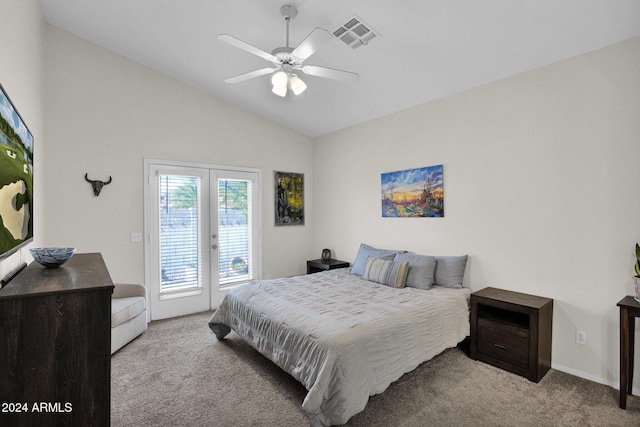 carpeted bedroom featuring access to exterior, ceiling fan, french doors, and lofted ceiling