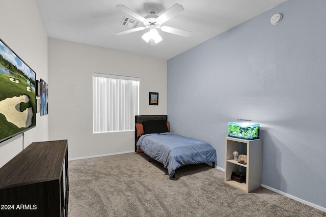 bedroom with light colored carpet and ceiling fan