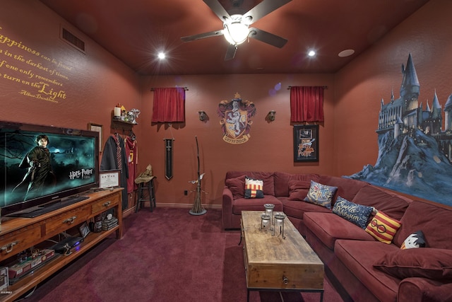 carpeted living room featuring ceiling fan