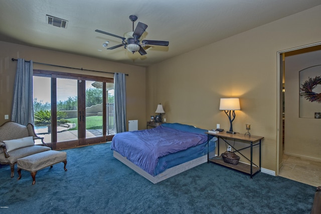 bedroom with carpet, french doors, access to outside, and ceiling fan