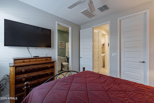 bedroom featuring ceiling fan and connected bathroom