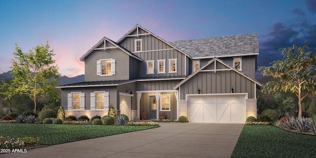 view of front facade featuring brick siding, board and batten siding, driveway, and a shingled roof