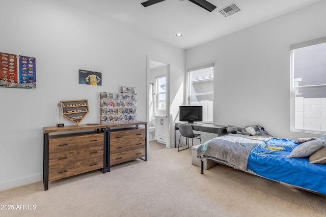 carpeted bedroom with visible vents, recessed lighting, connected bathroom, baseboards, and ceiling fan