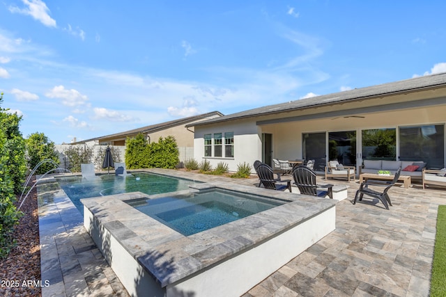 view of swimming pool with a ceiling fan, an outdoor living space, a fenced backyard, an in ground hot tub, and a patio area