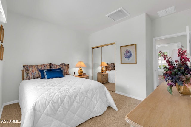 bedroom with visible vents, baseboards, a closet, and carpet flooring