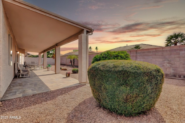 yard at dusk with a patio and a fenced backyard