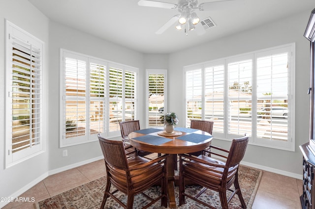 dining area featuring visible vents, a healthy amount of sunlight, and a ceiling fan