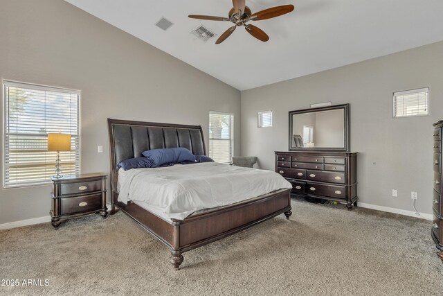 43271 W Little Dr, Maricopa, AZ 85138 - bedroom featuring light carpet, baseboards, visible vents, and high vaulted ceiling