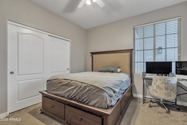 43271 W Little Dr, Maricopa, AZ 85138 - bedroom with ceiling fan, baseboards, a closet, and light colored carpet