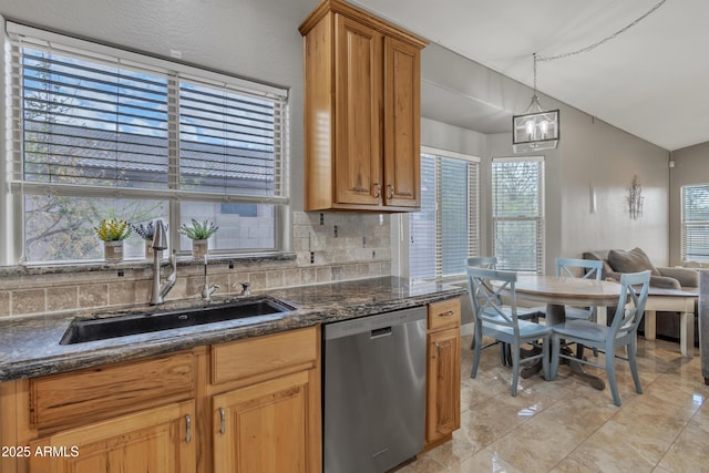 43271 W Little Dr, Maricopa, AZ 85138 - kitchen featuring dishwasher, backsplash, an inviting chandelier, and a sink