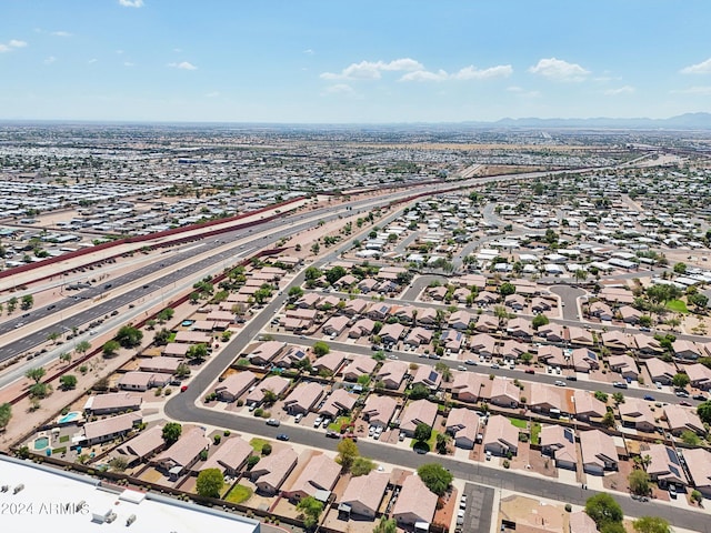 drone / aerial view featuring a mountain view