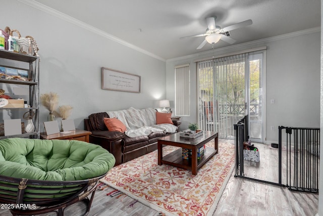 living room with crown molding, ceiling fan, and light hardwood / wood-style floors