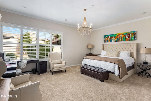 bedroom with ornamental molding, an inviting chandelier, and light colored carpet