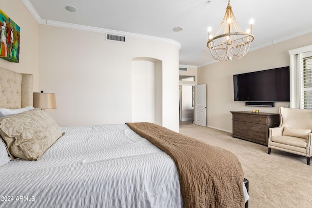 bedroom featuring light colored carpet, an inviting chandelier, and crown molding