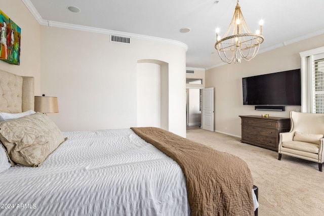 carpeted bedroom featuring baseboards, visible vents, a chandelier, and crown molding