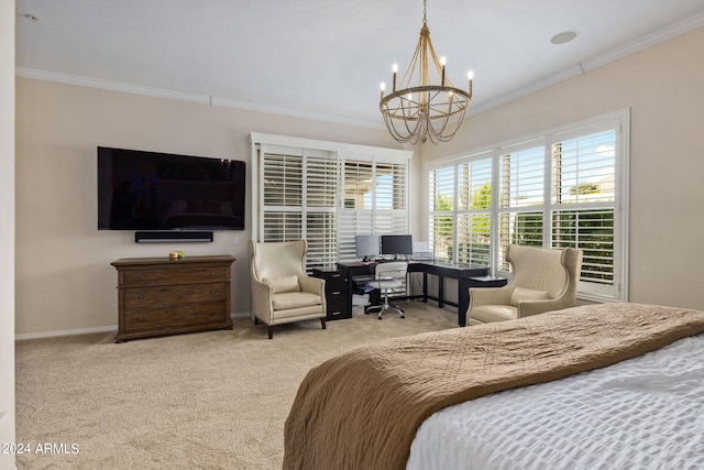 carpeted bedroom with baseboards, ornamental molding, and a chandelier
