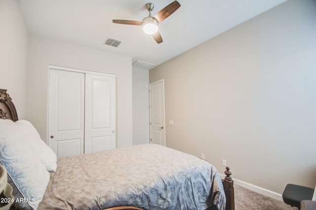 bedroom featuring a closet, carpet floors, and ceiling fan