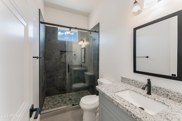 full bathroom with vanity, toilet, and a shower stall