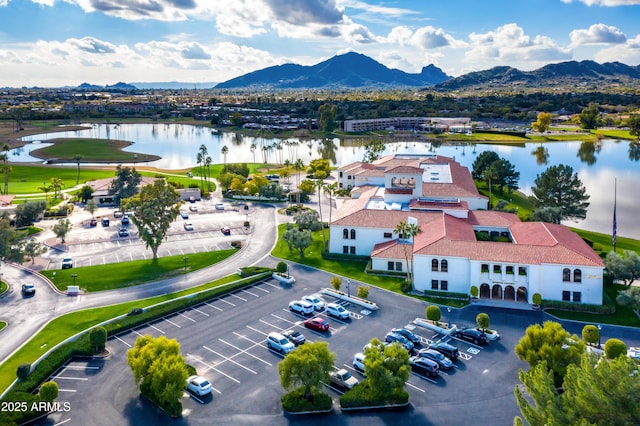 aerial view with a water and mountain view